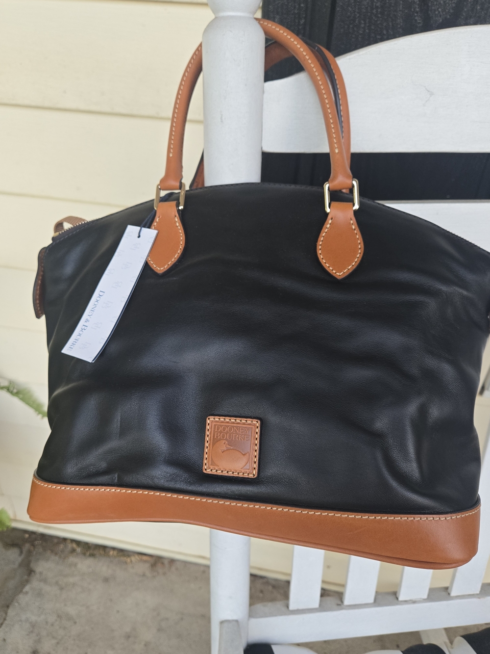 NWT Dooney & Bourke Black Leather Tote with Brown Trim